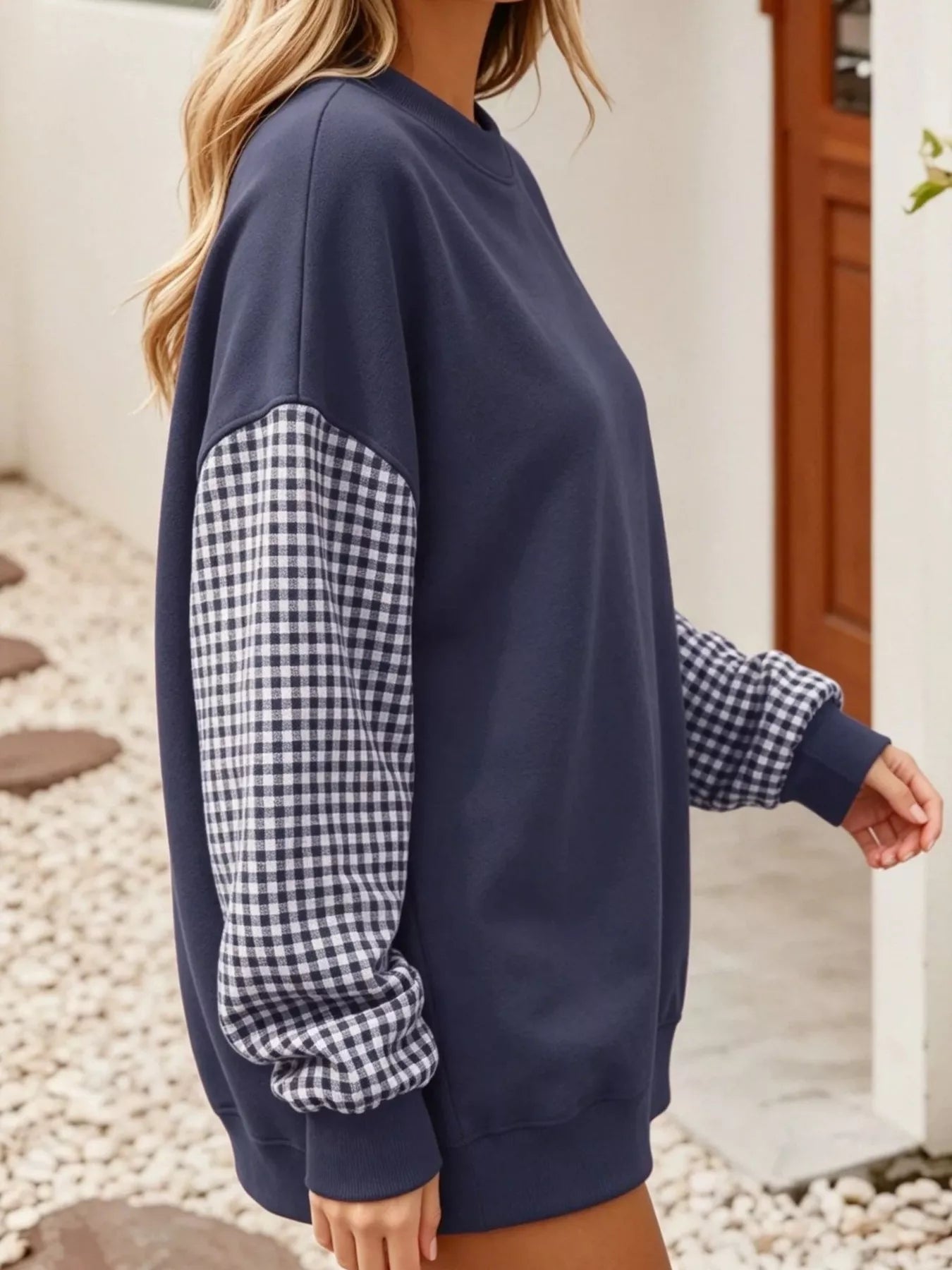 Contrast Gingham Long Sleeve Sweatshirt