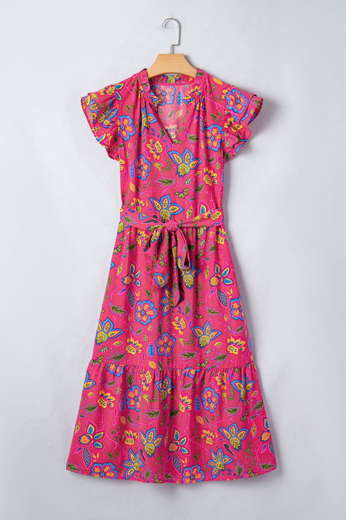 Floral Flutter Sleeve V-Neck Belted Midi Dress