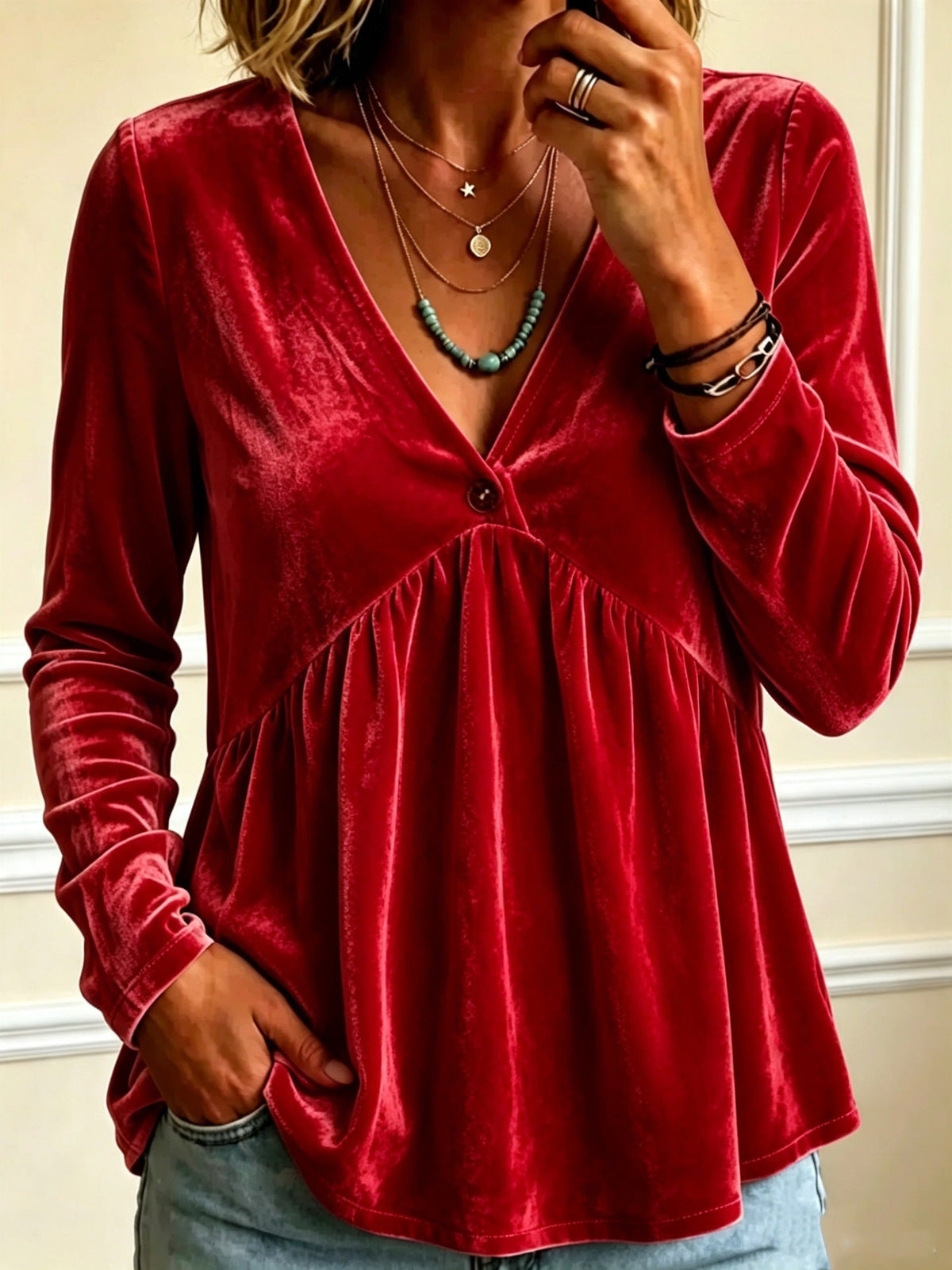 2026 New Arrival Women Solid Color V Neck Long Sleeve Knit Top Casual Loose Fashion Blouse For European & American Market