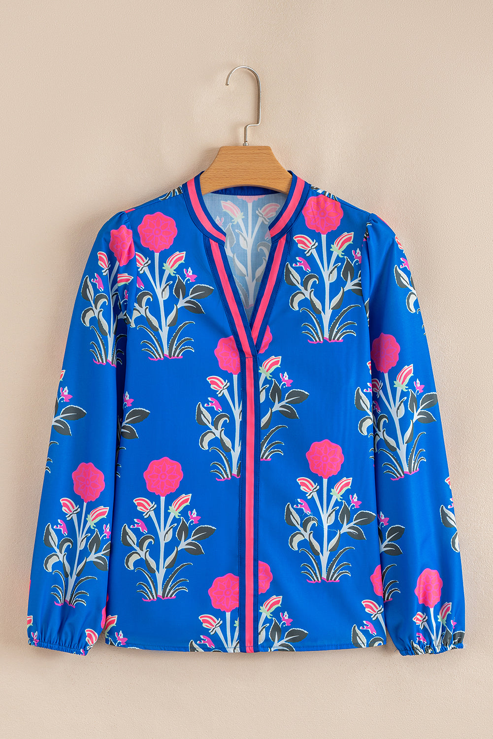 Floral Stripe Trim Notch Neck Long Sleeve Blouse