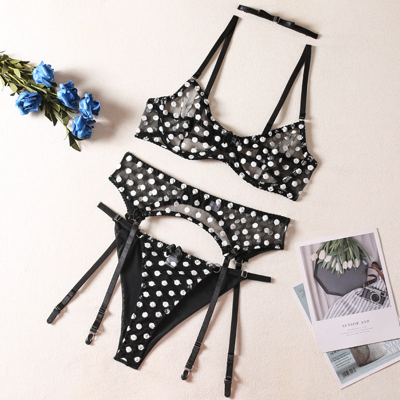 Polka Dot Lingerie Four-piece Set With Scarf Waist Bow Ultra-thin See-through