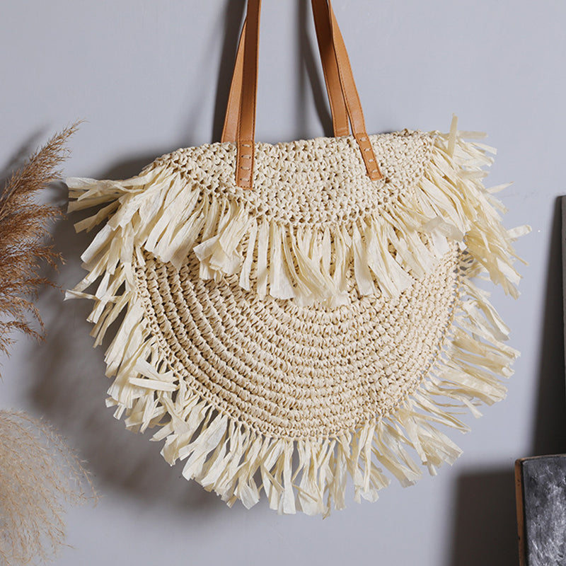 Simple Tassel Straw Shoulder Bag Women Design Handbag Bohemian Round Woven Large Capacity Tote Summer Beach Travel Shopper Purse