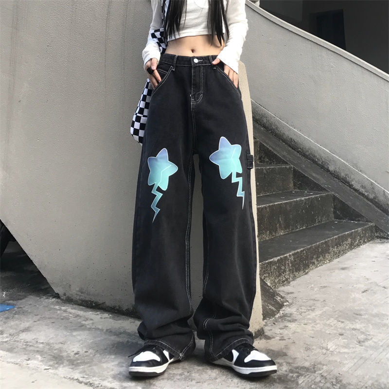 Letter Star Loose High Waist Straight Wide Leg Long Pants
