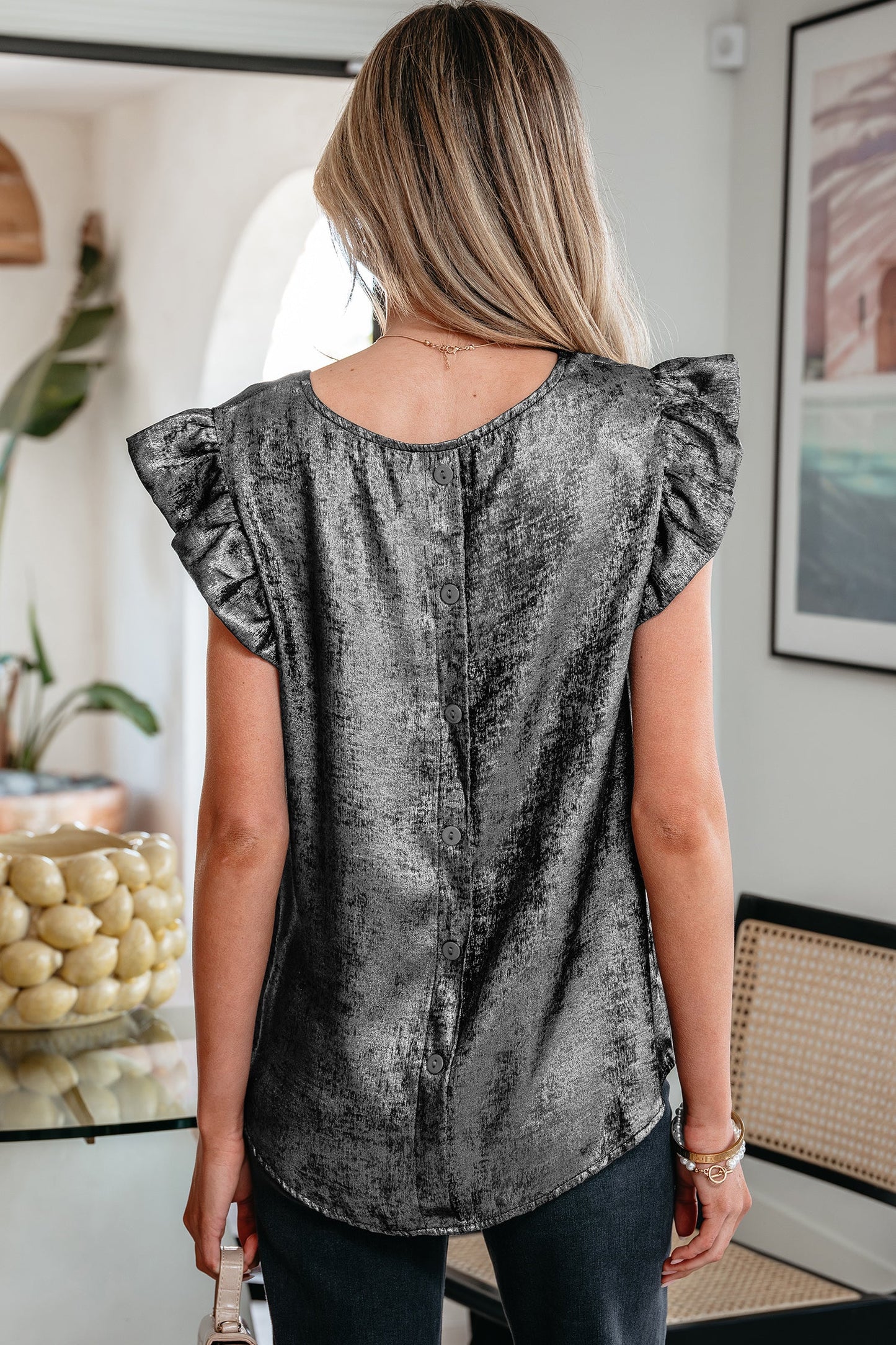Metallic Ruffle Trim Sleeveless Round Neck Top