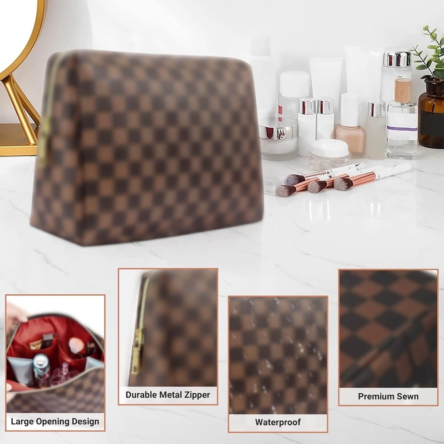 Brown checkered waterproof leather makeup square bag/flat bag 2-piece set, portable makeup travel makeup bag