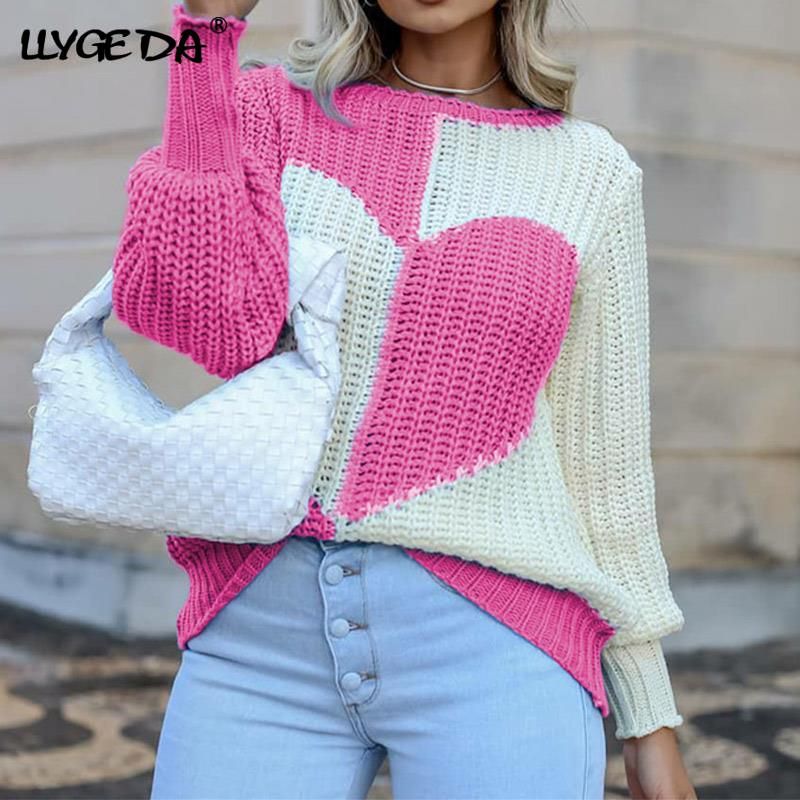Knitted Love Contrast Women's Sweaters 2021 Autumn Flared Sleeves O-neck Patchwork Loose Pullovers Female Sweet Loose Casual Top