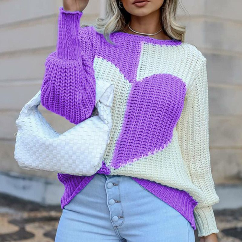 Knitted Love Contrast Women's Sweaters 2021 Autumn Flared Sleeves O-neck Patchwork Loose Pullovers Female Sweet Loose Casual Top
