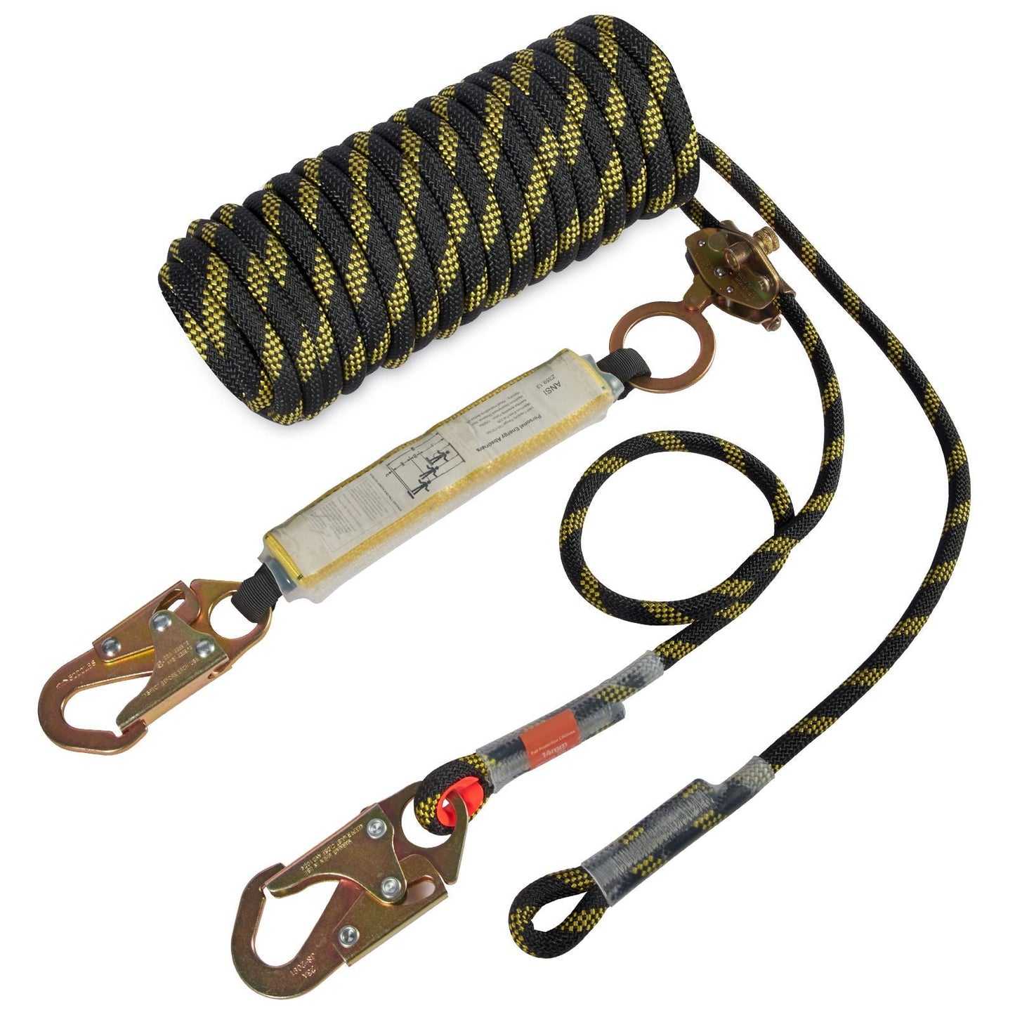 Vertical Lifeline Assembly, 0.55'' x 50' Fall Protection Rope with 30 KN Breaking Tension, Polyester Roofing Rope with Steel Snap Hooks, Rope Grab, and Shock Absorber, ANSI Compliant