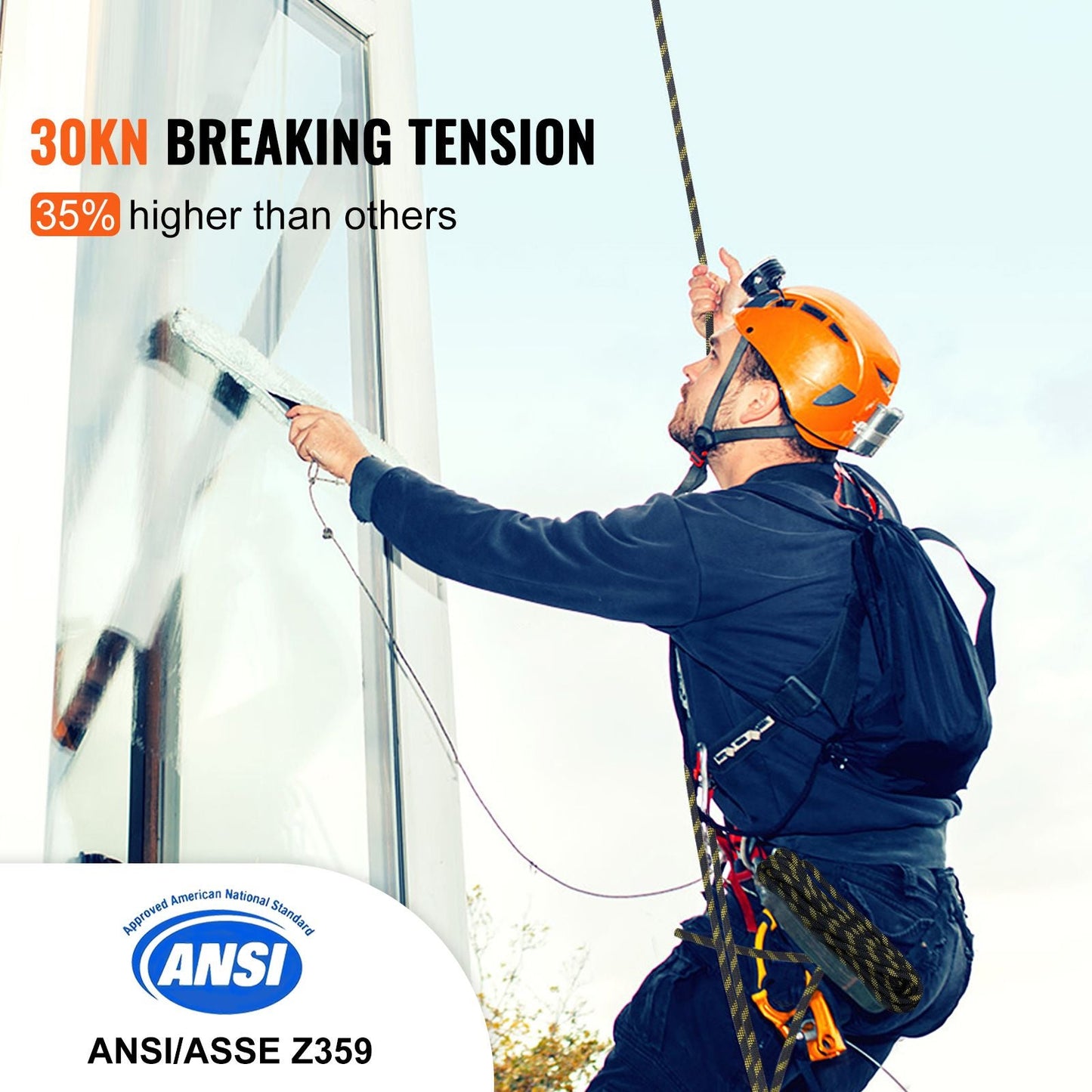Vertical Lifeline Assembly, 0.55'' x 50' Fall Protection Rope with 30 KN Breaking Tension, Polyester Roofing Rope with Steel Snap Hooks, Rope Grab, and Shock Absorber, ANSI Compliant