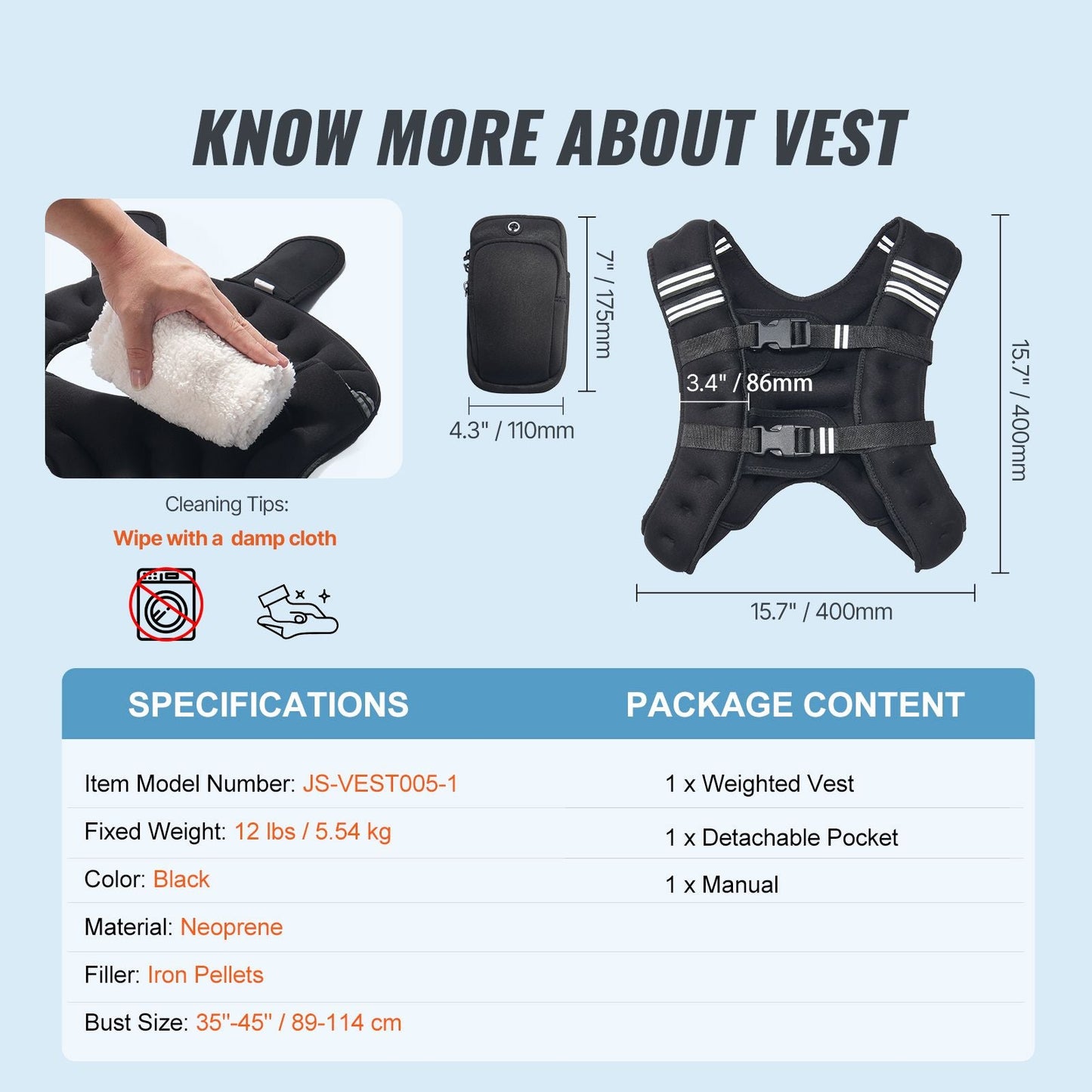 Weighted Vest, 12 lbs Weight Vest with Reflective Stripe, Adjustable Buckle Body Weight Vest for Men Women, Workout Equipment for Strength Training, Running, Jogging, Fitness, and Weight Loss