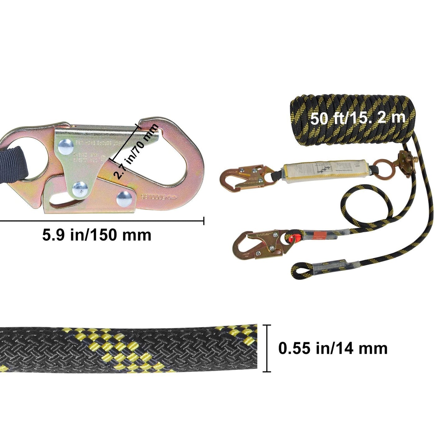 Vertical Lifeline Assembly, 0.55'' x 50' Fall Protection Rope with 30 KN Breaking Tension, Polyester Roofing Rope with Steel Snap Hooks, Rope Grab, and Shock Absorber, ANSI Compliant
