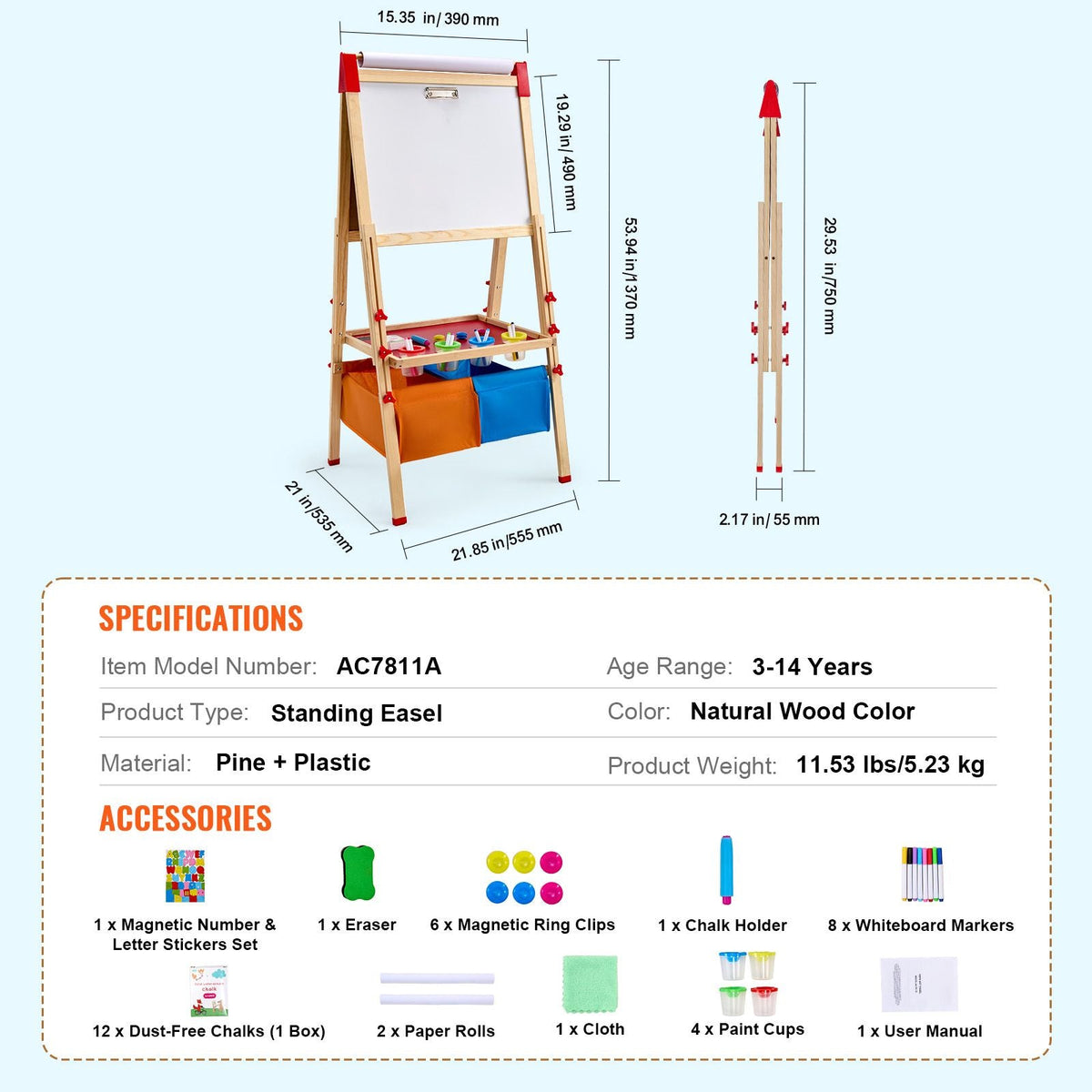Art Easel for Kids, 3-in-1 Wooden Double-Sided Kid's Art Easel with Magnetic Whiteboard, Chalkboard, Paper Roll, Adjustable Standing Drawing Board with Painting Accessories, Storage for Boy Girl