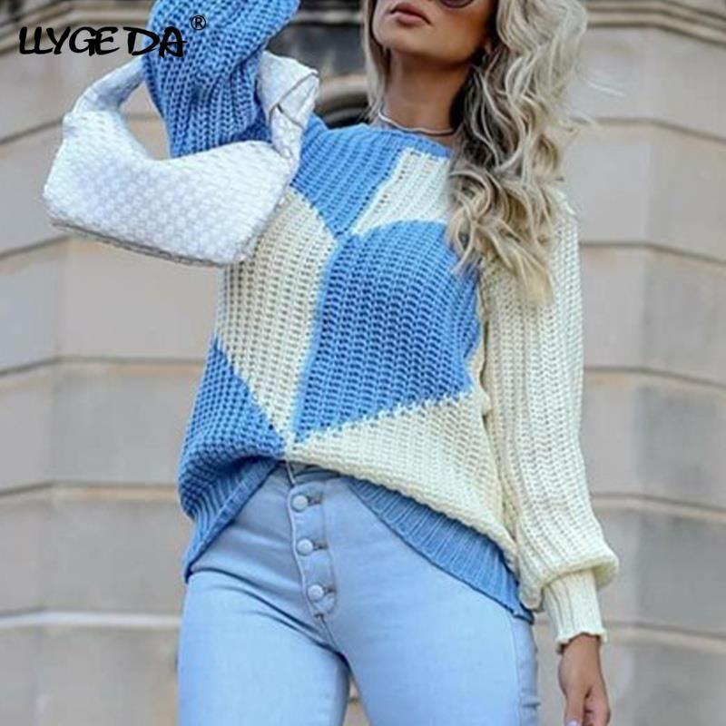 Knitted Love Contrast Women's Sweaters 2021 Autumn Flared Sleeves O-neck Patchwork Loose Pullovers Female Sweet Loose Casual Top