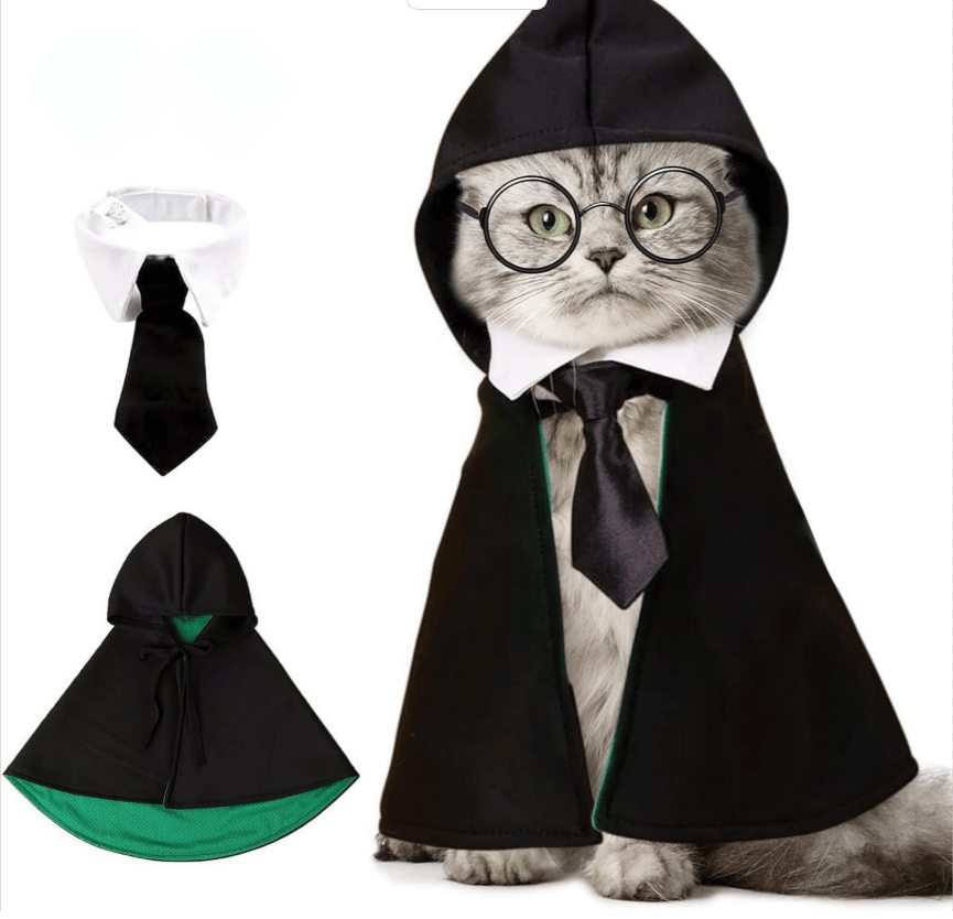 Cat Halloween Costume - Pet Wizard Costumes Mantle Magician Cosplay Clothes with Bowtie & Glasses Set, Festival Party Apparel for Small Pets Cats Dogs