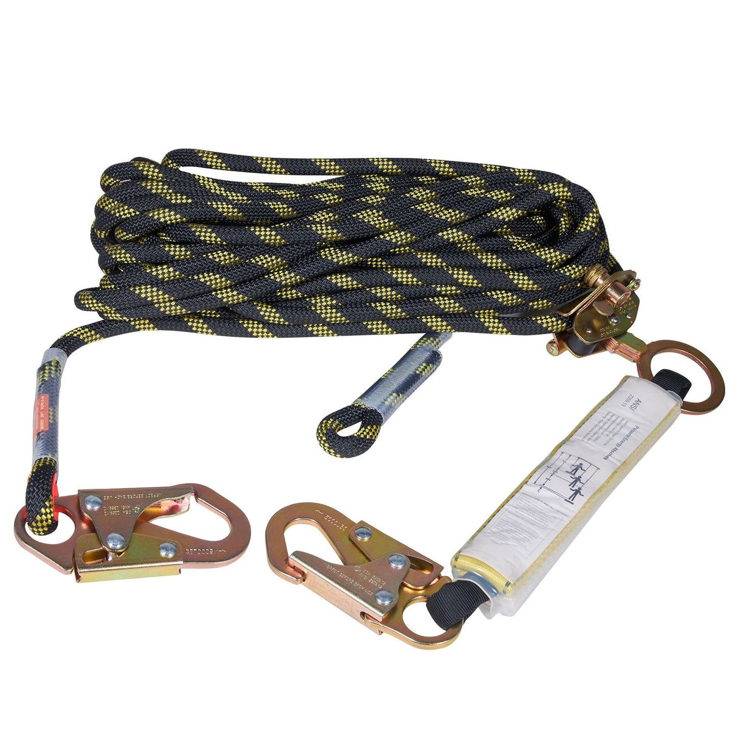 Vertical Lifeline Assembly, 0.55'' x 50' Fall Protection Rope with 30 KN Breaking Tension, Polyester Roofing Rope with Steel Snap Hooks, Rope Grab, and Shock Absorber, ANSI Compliant