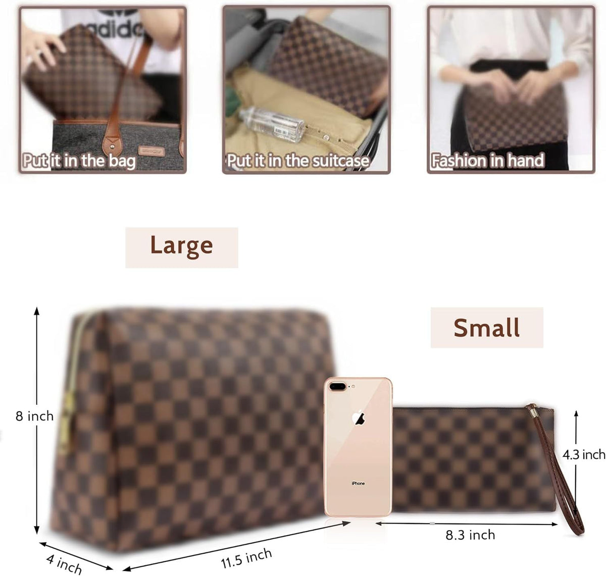 Brown checkered waterproof leather makeup square bag/flat bag 2-piece set, portable makeup travel makeup bag