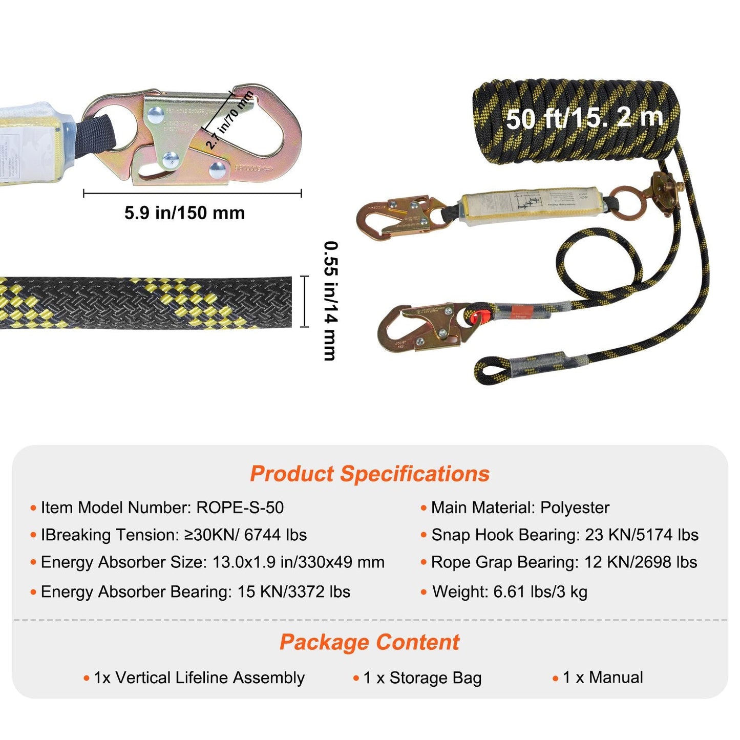 Vertical Lifeline Assembly, 0.55'' x 50' Fall Protection Rope with 30 KN Breaking Tension, Polyester Roofing Rope with Steel Snap Hooks, Rope Grab, and Shock Absorber, ANSI Compliant