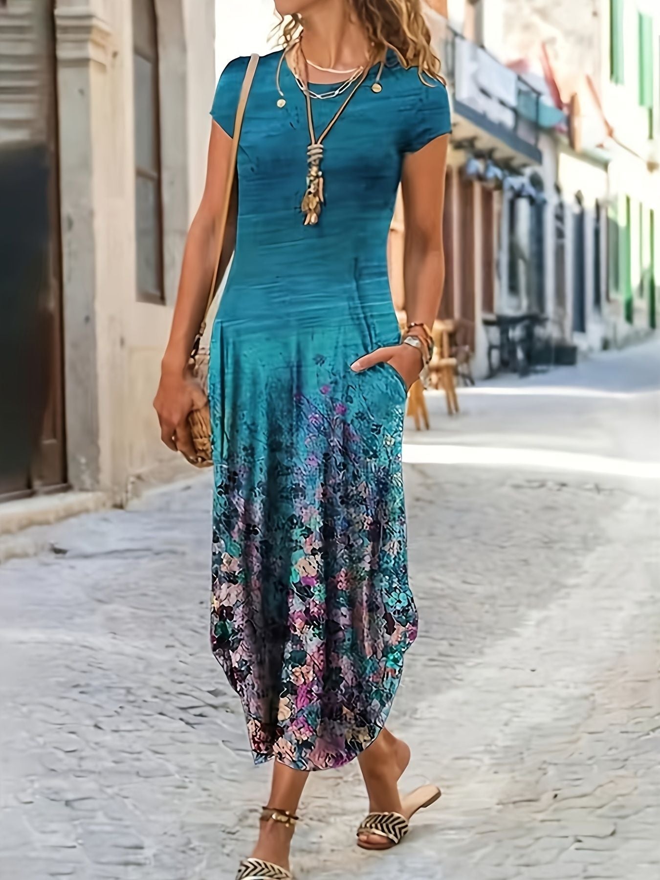 Floral Print Pocket Dress; Casual Short Sleeve Crew Neck Dress; Women's Clothing