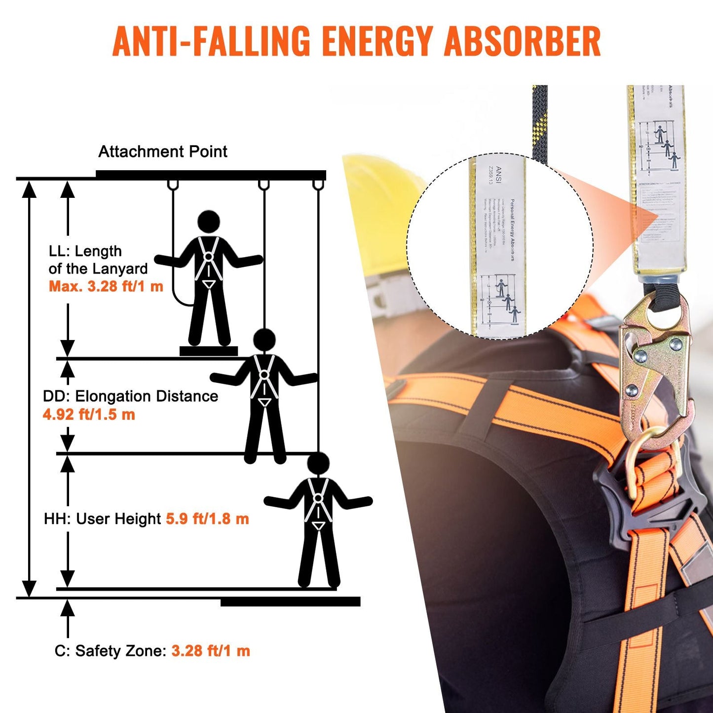 Vertical Lifeline Assembly, 0.55'' x 50' Fall Protection Rope with 30 KN Breaking Tension, Polyester Roofing Rope with Steel Snap Hooks, Rope Grab, and Shock Absorber, ANSI Compliant