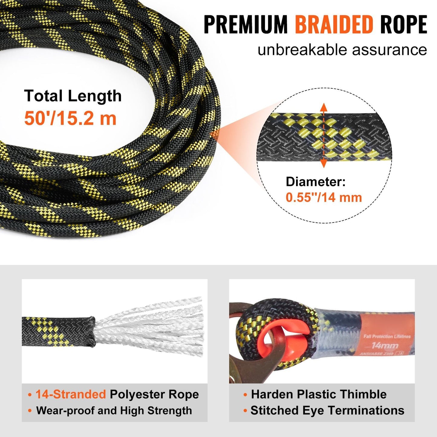 Vertical Lifeline Assembly, 0.55'' x 50' Fall Protection Rope with 30 KN Breaking Tension, Polyester Roofing Rope with Steel Snap Hooks, Rope Grab, and Shock Absorber, ANSI Compliant