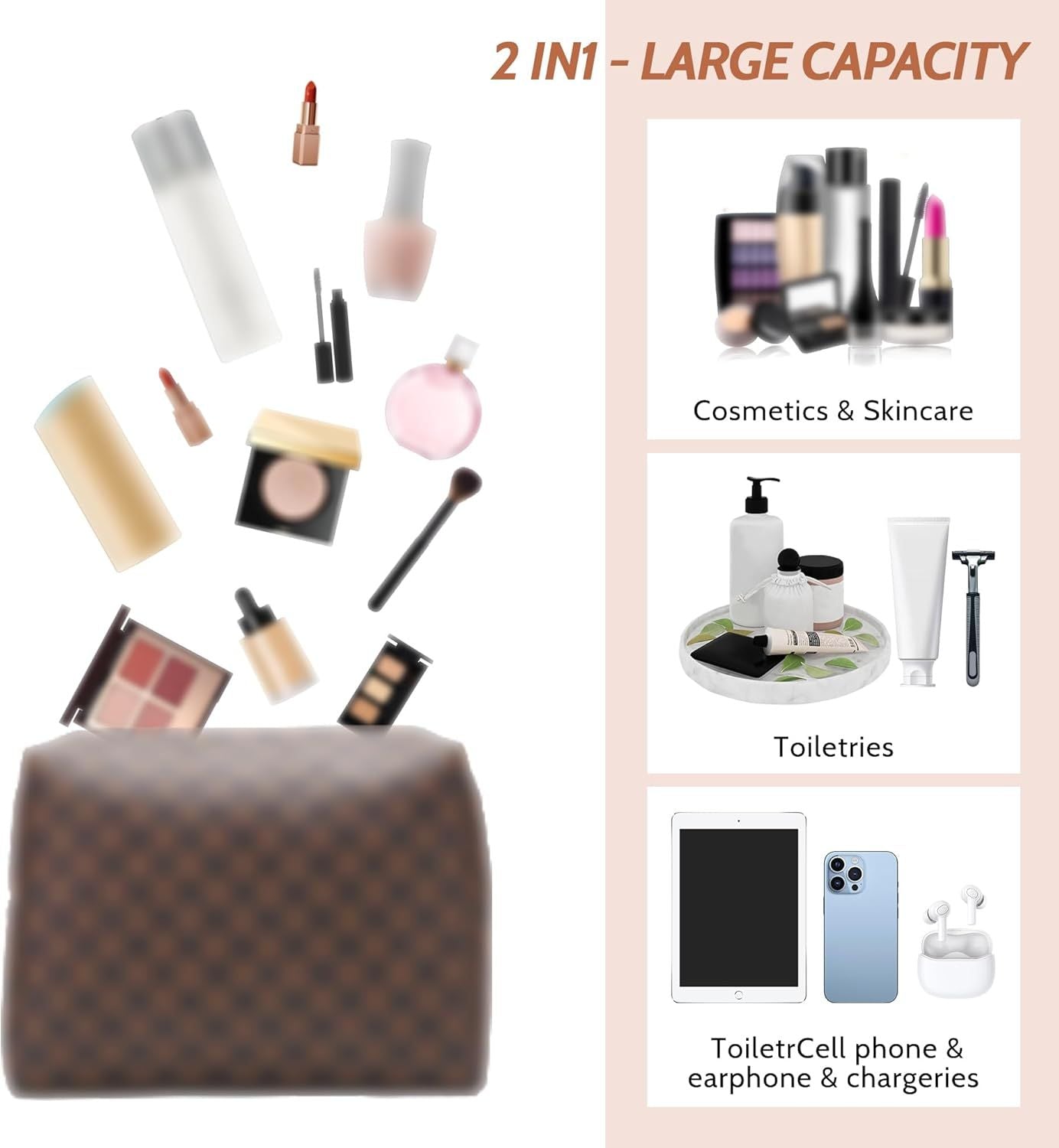 Brown checkered waterproof leather makeup square bag/flat bag 2-piece set, portable makeup travel makeup bag