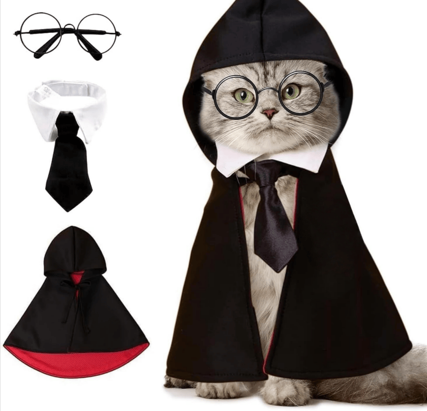 Cat Halloween Costume - Pet Wizard Costumes Mantle Magician Cosplay Clothes with Bowtie & Glasses Set, Festival Party Apparel for Small Pets Cats Dogs