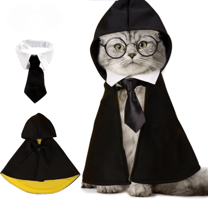 Cat Halloween Costume - Pet Wizard Costumes Mantle Magician Cosplay Clothes with Bowtie & Glasses Set, Festival Party Apparel for Small Pets Cats Dogs