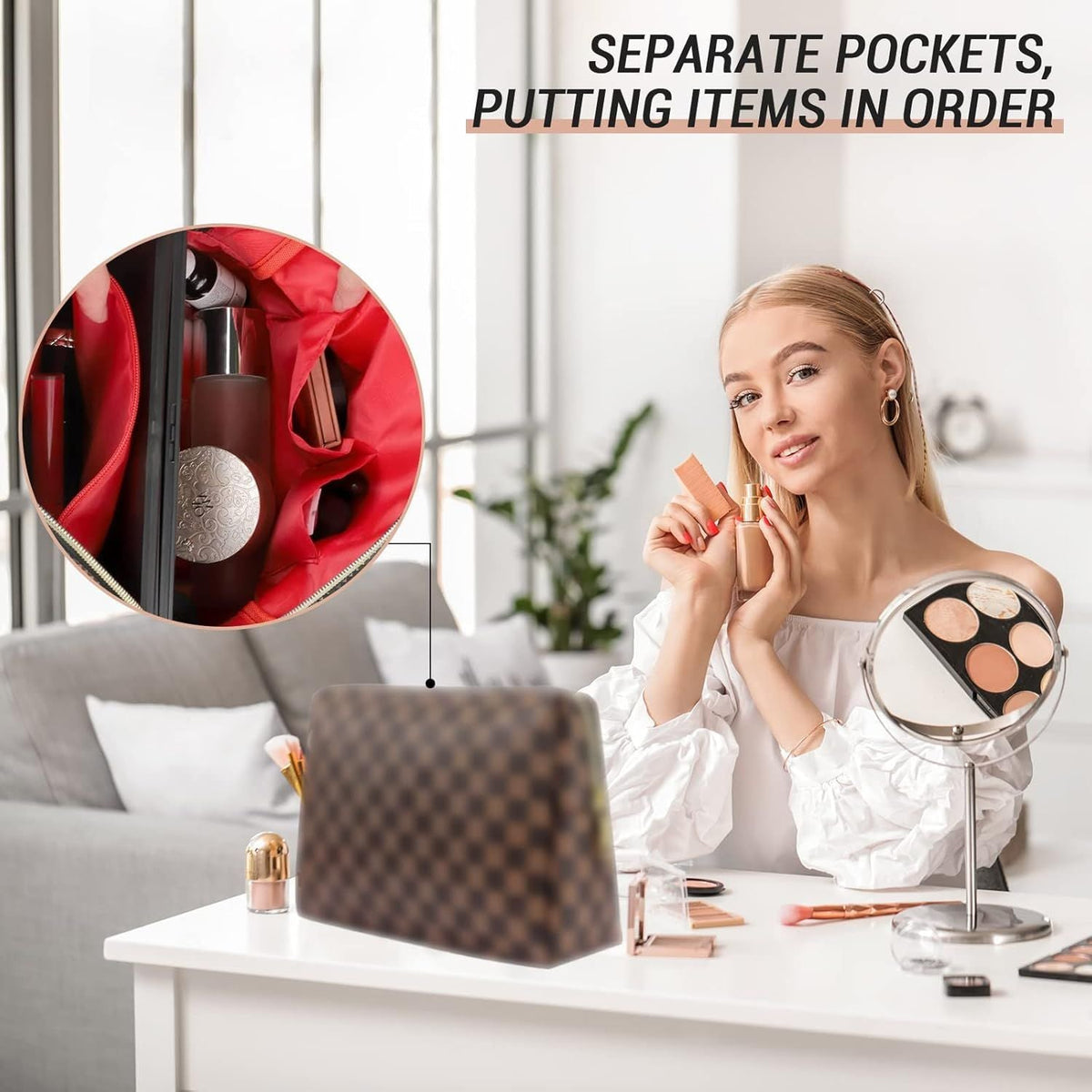 Brown checkered waterproof leather makeup square bag/flat bag 2-piece set, portable makeup travel makeup bag