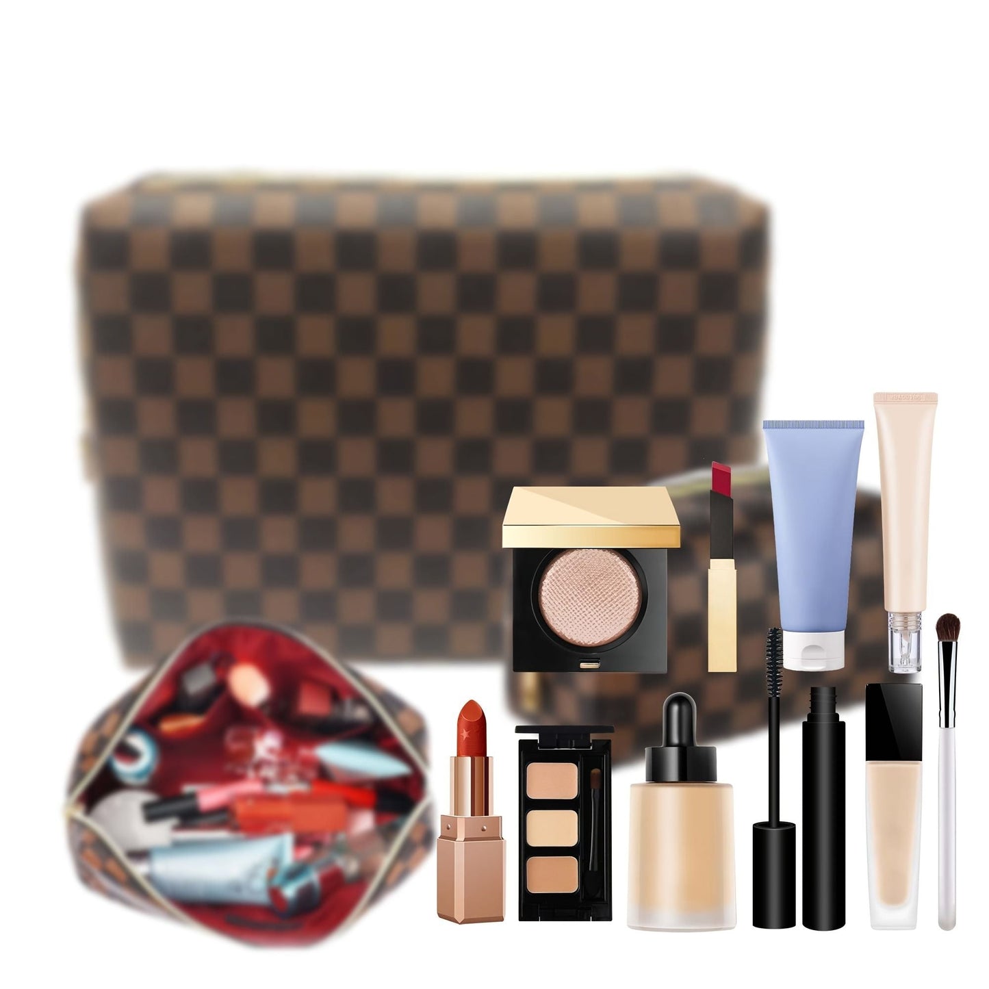 Brown checkered waterproof leather makeup square bag/flat bag 2-piece set, portable makeup travel makeup bag