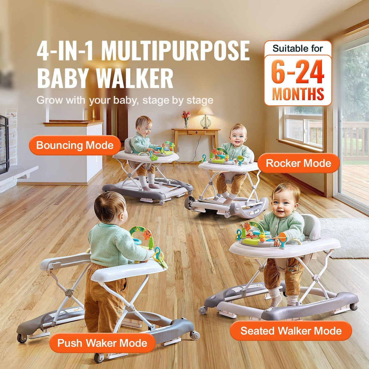 4-in-1 Baby Walker, Foldable Baby Activity Center on Wheels, 3 Adjustable Height, Music & Toys Tray, Learning-Seated | Walk-Behind | Rocker | Bouncer Toddler Walker for Girls Boys 6-24 Months