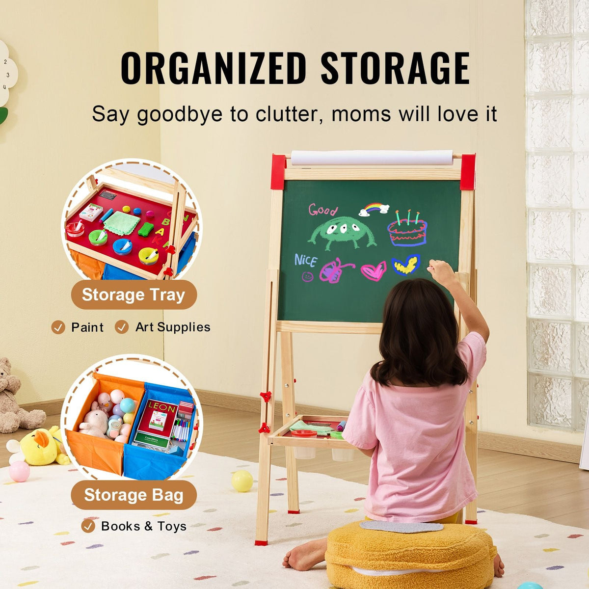 Art Easel for Kids, 3-in-1 Wooden Double-Sided Kid's Art Easel with Magnetic Whiteboard, Chalkboard, Paper Roll, Adjustable Standing Drawing Board with Painting Accessories, Storage for Boy Girl