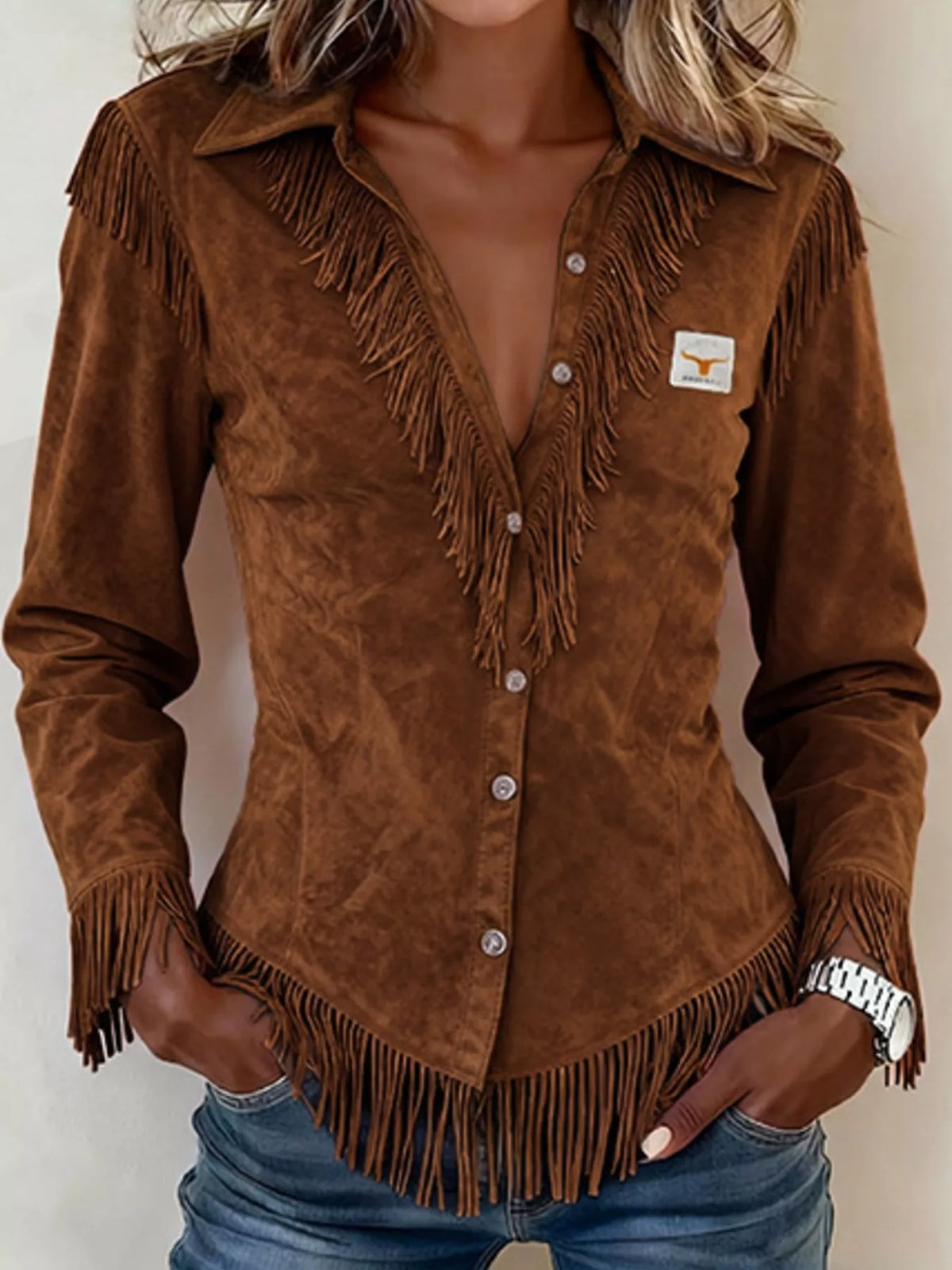 Full Size Fringed Collared Neck Shirt Plus Size