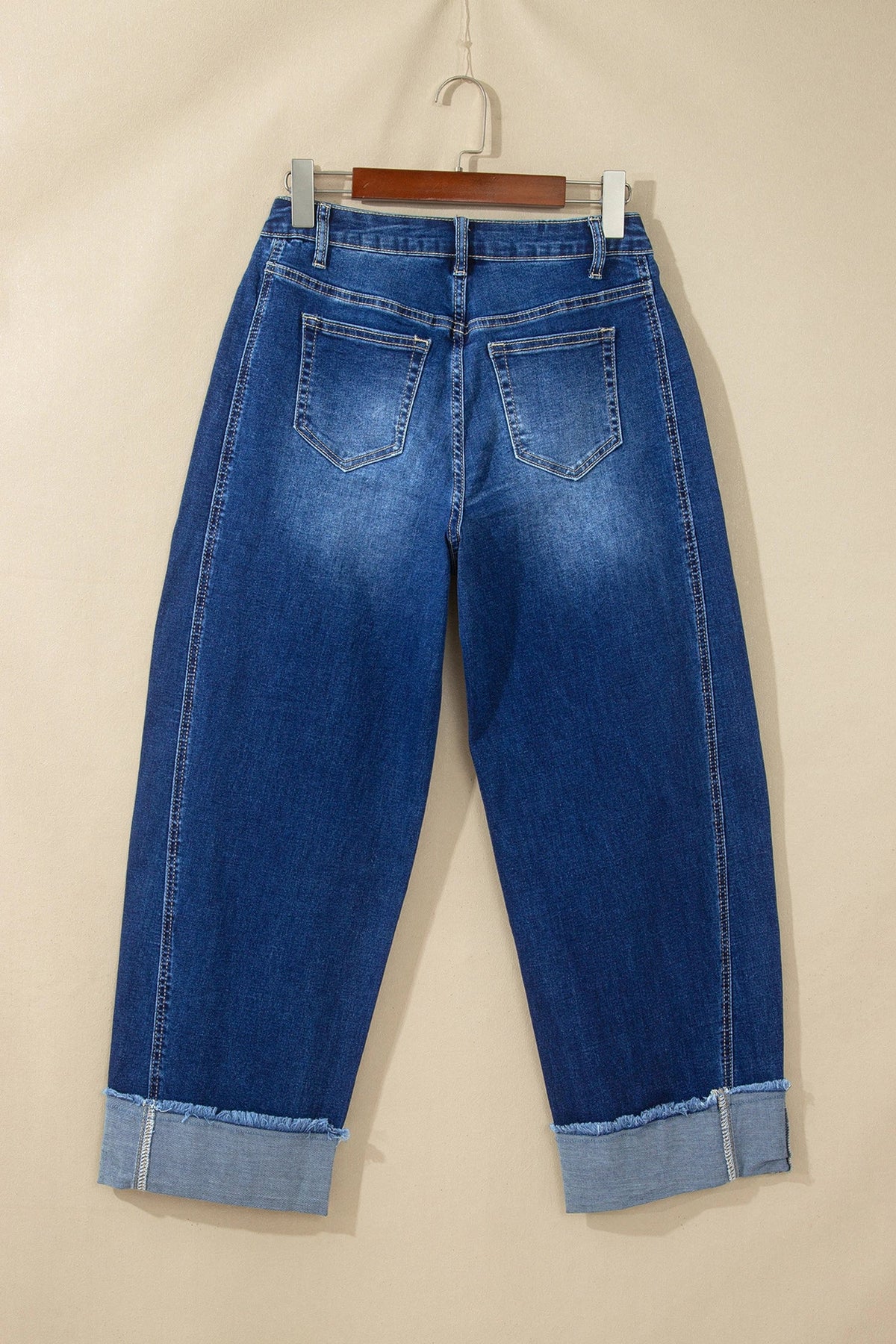 Solid Denim Folded Raw Hem High Waist Jeans