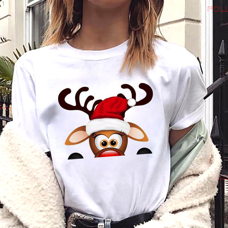 European And American Women's Clothing Merry Christmas Happy Short-sleeved T-shirt Women's Top Women's Round Neck