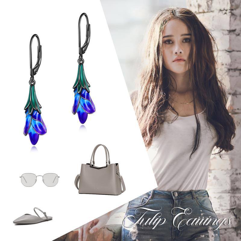 Sterling Silver Purple Tulip Flower Dangle Handmade Dangle Drop Earrings