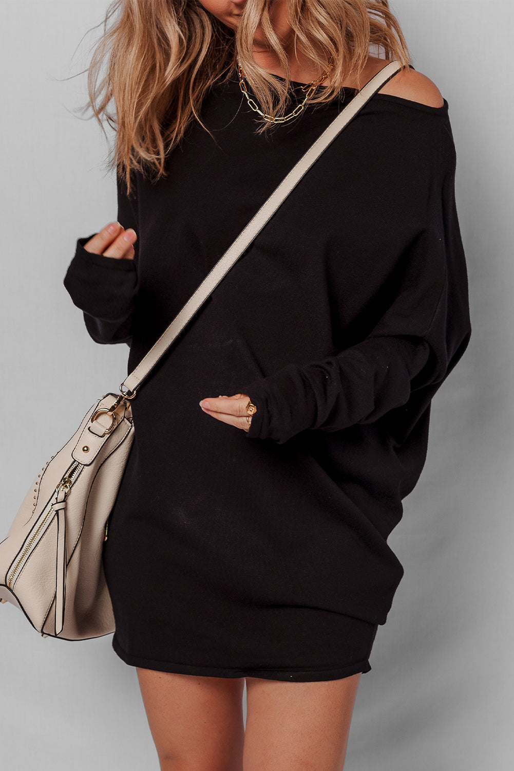 Solid Asymmetric Neck Sweater Mini Dress
