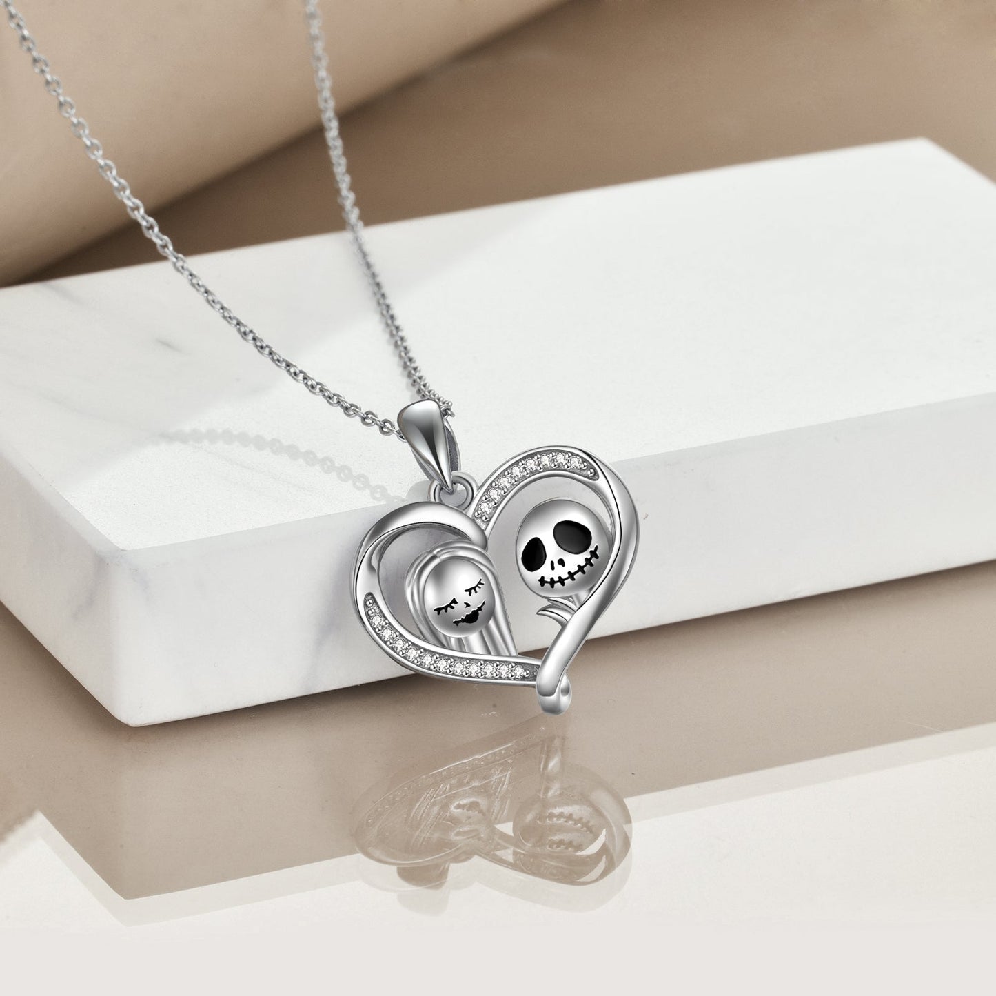 Nightmare Before Christmas Necklace Sterling Silver Jack Skellington and Sally Infinity Heart Necklace