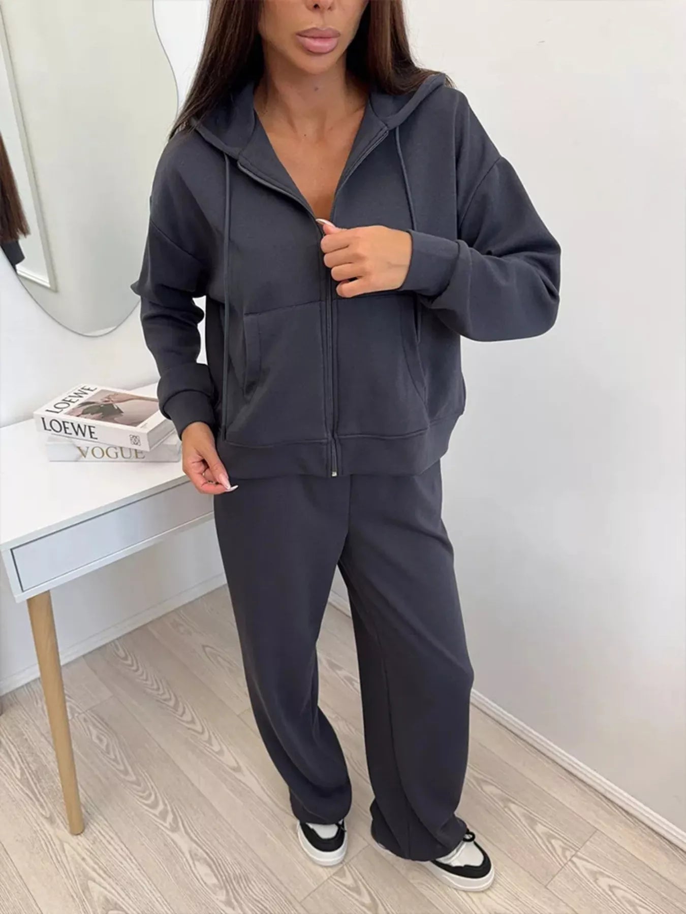 Zip-Up Hoodie and Wide-Leg Pants Set