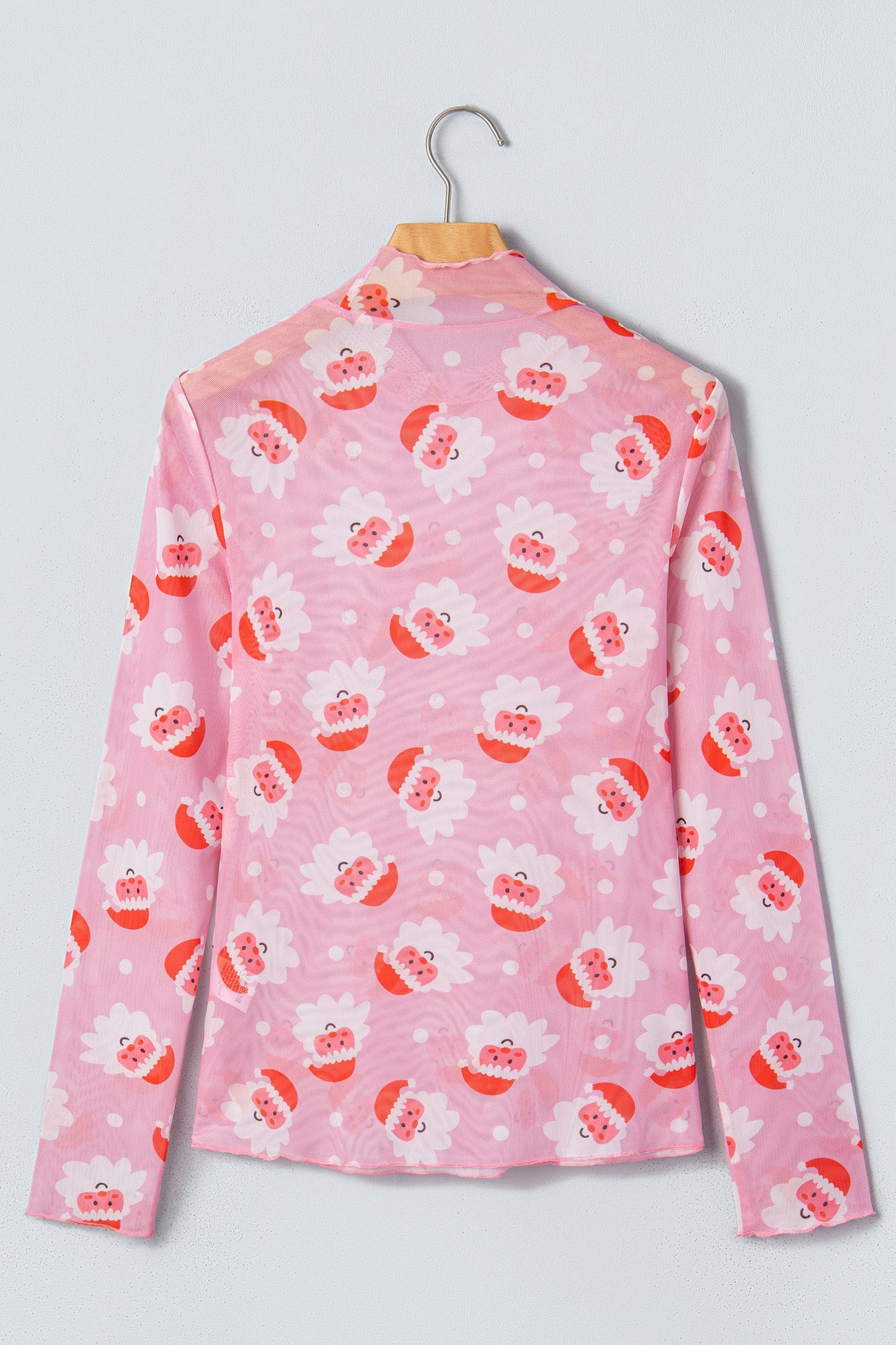 Christmas Santa Mesh Mock Neck Long Sleeve Top