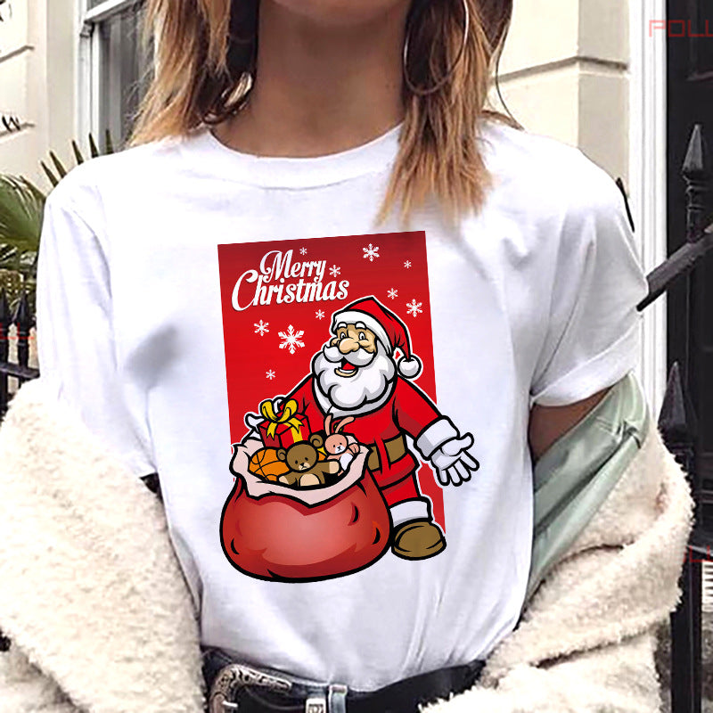 European And American Women's Clothing Merry Christmas Happy Short-sleeved T-shirt Women's Top Women's Round Neck