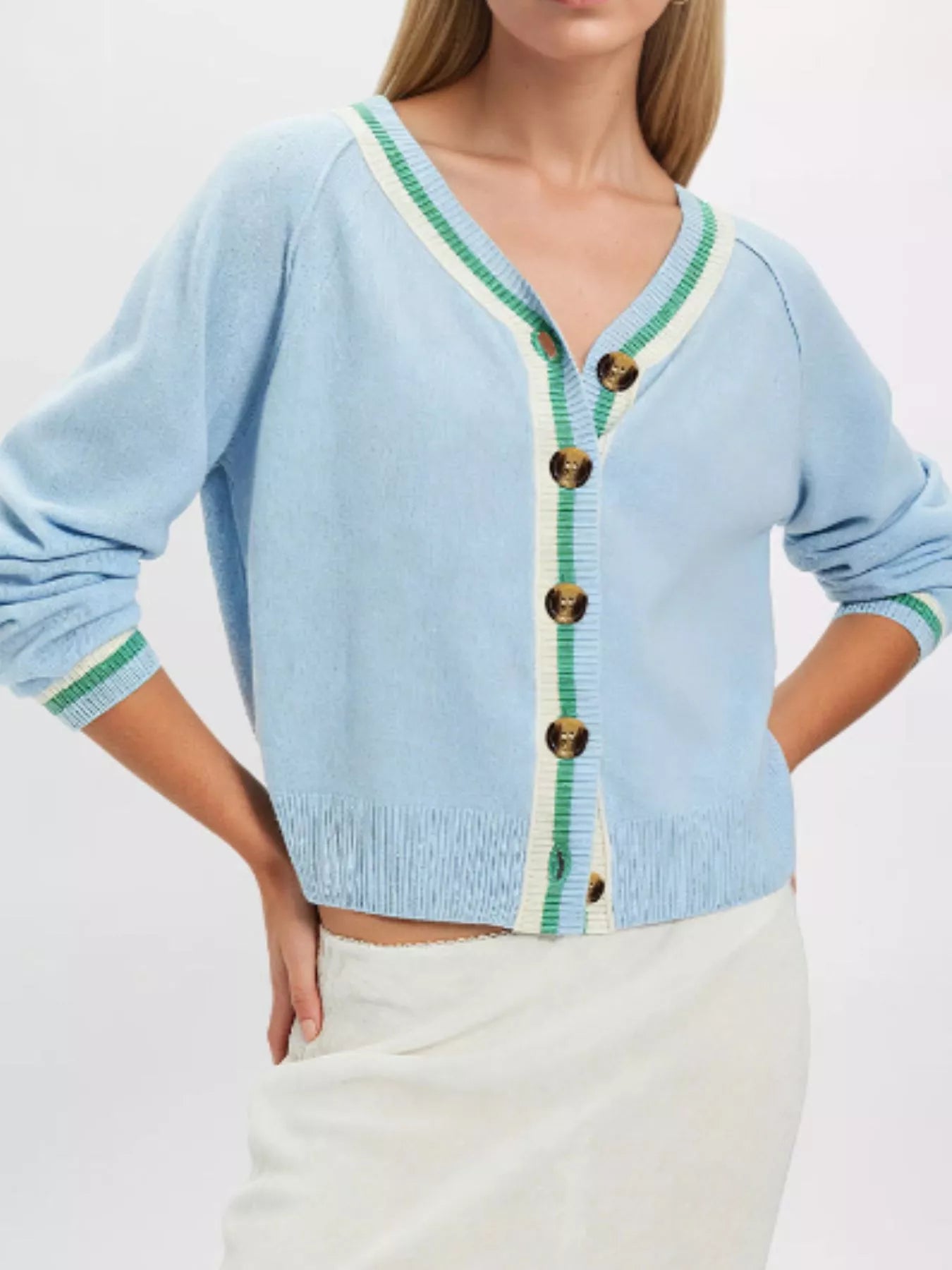 Striped Trim Button-Down Cardigan