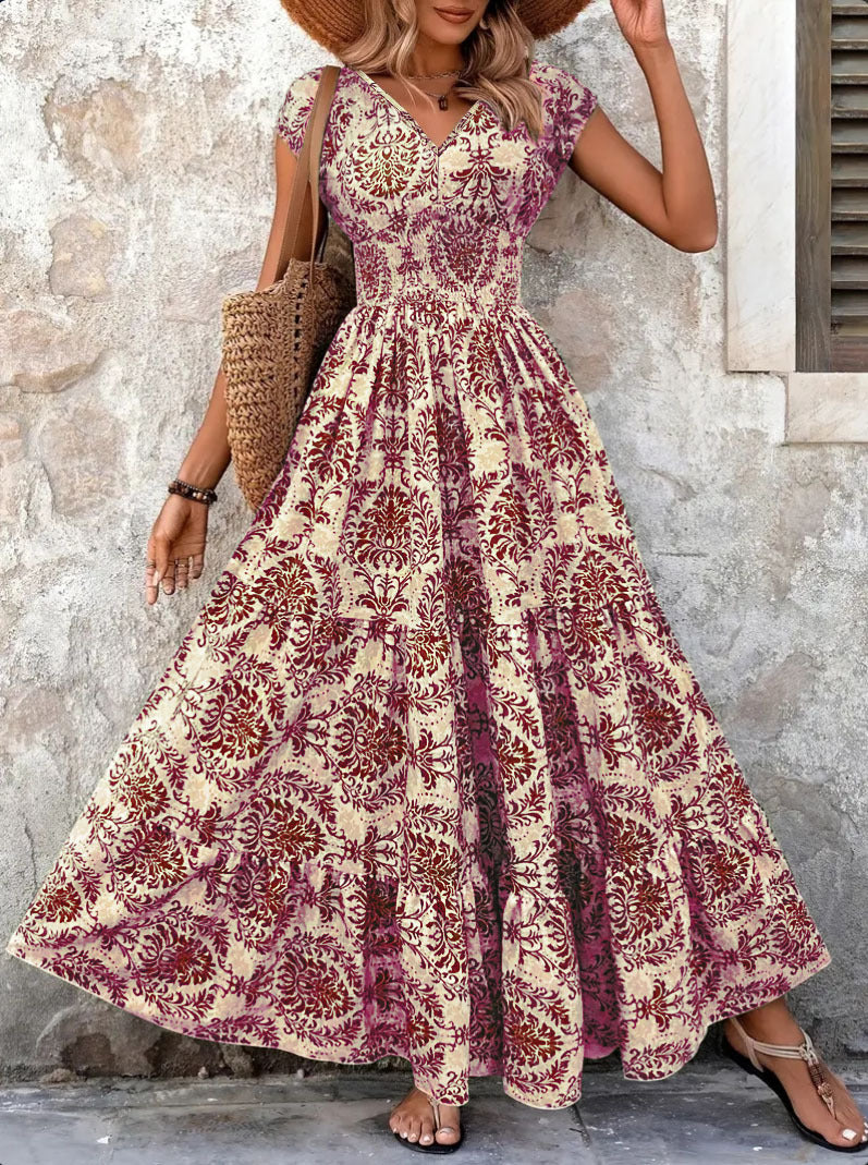 2026 Amazon Cross-Border Export Retro Printed Dress Fashionable And Elegant V Neck Short-Sleeved Dress Women's Dress
