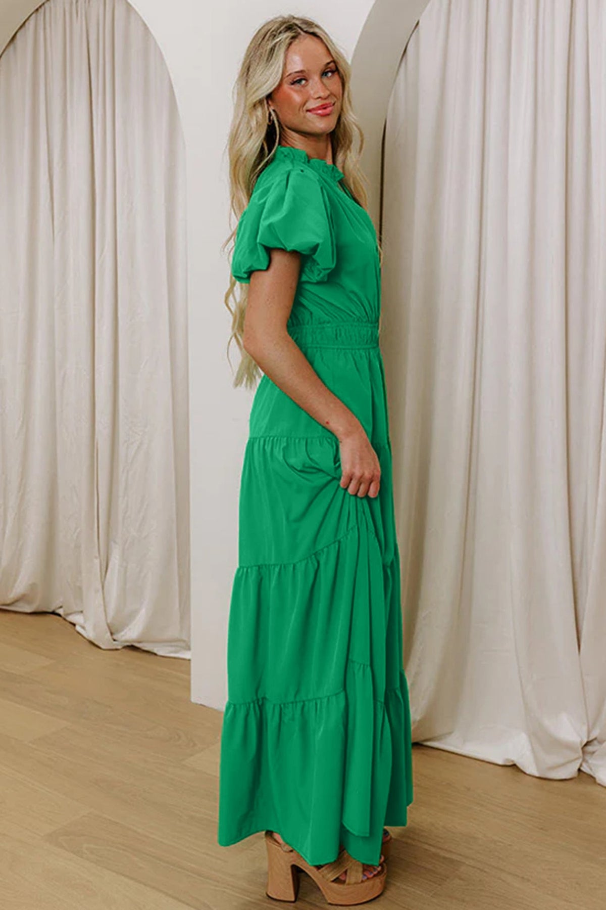Solid V-Neck Short Puff Sleeve Tiered Maxi Dress