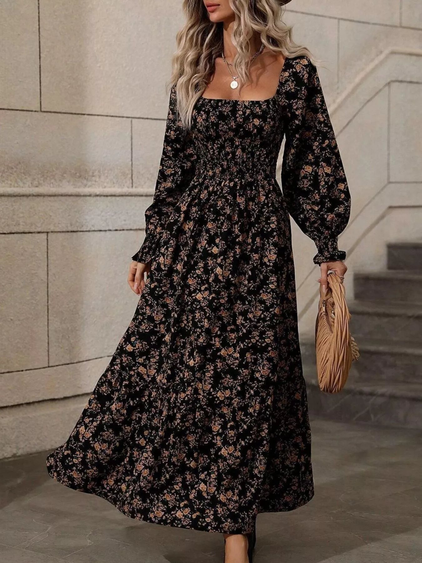 Floral Print Square Neck Smocked Midi Dress