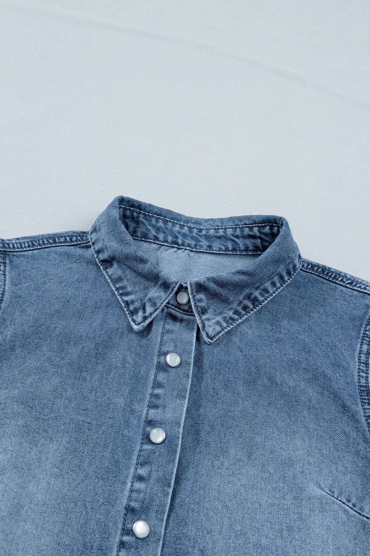 Denim Frilled Short Sleeve Snap Button Shirt