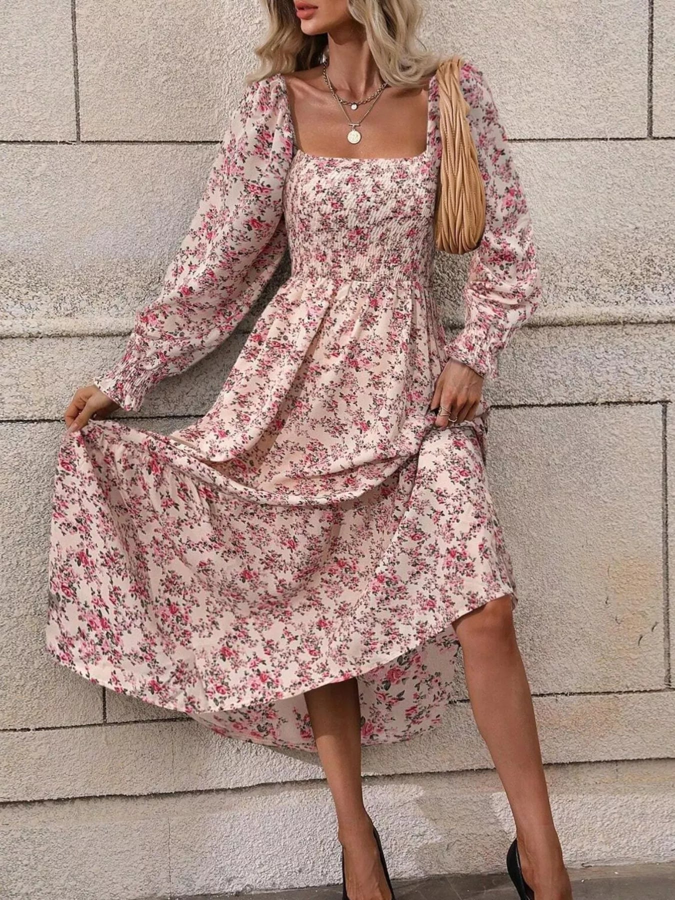 Floral Print Square Neck Smocked Midi Dress