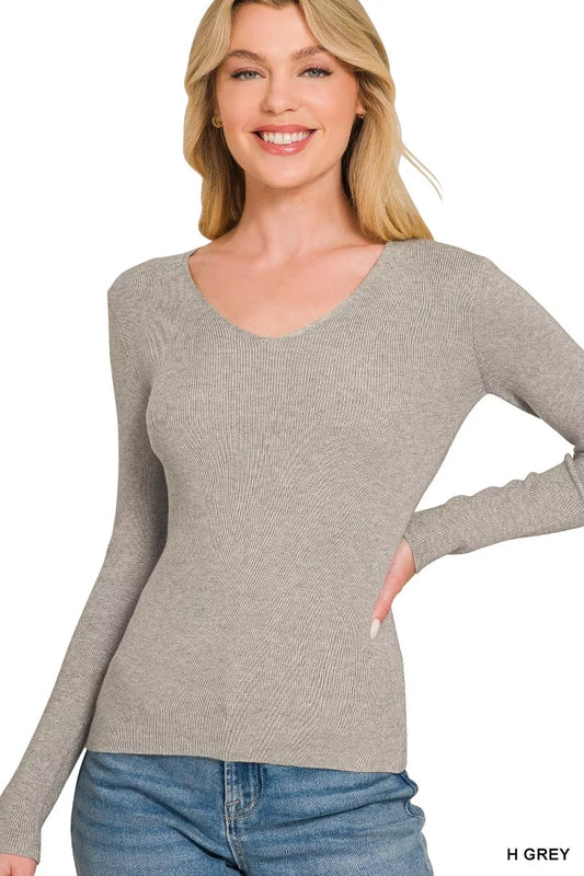 Zenana Viscose Fitted V-neck Sweater