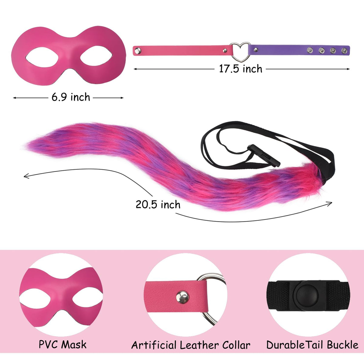HODRME One Size 4-Piece Pink/Purple Cat Ears, Tail, Mask & Collar