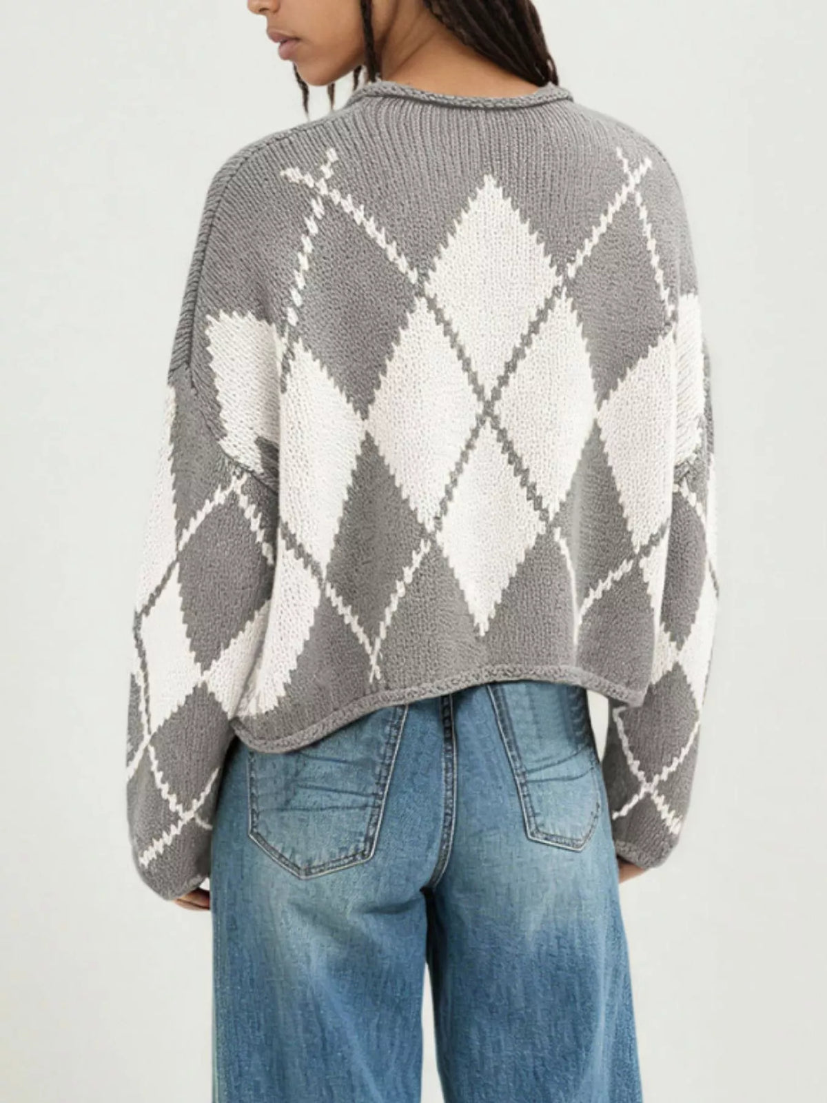 Argyle Pattern Knit Dropped Shoulder Sweater