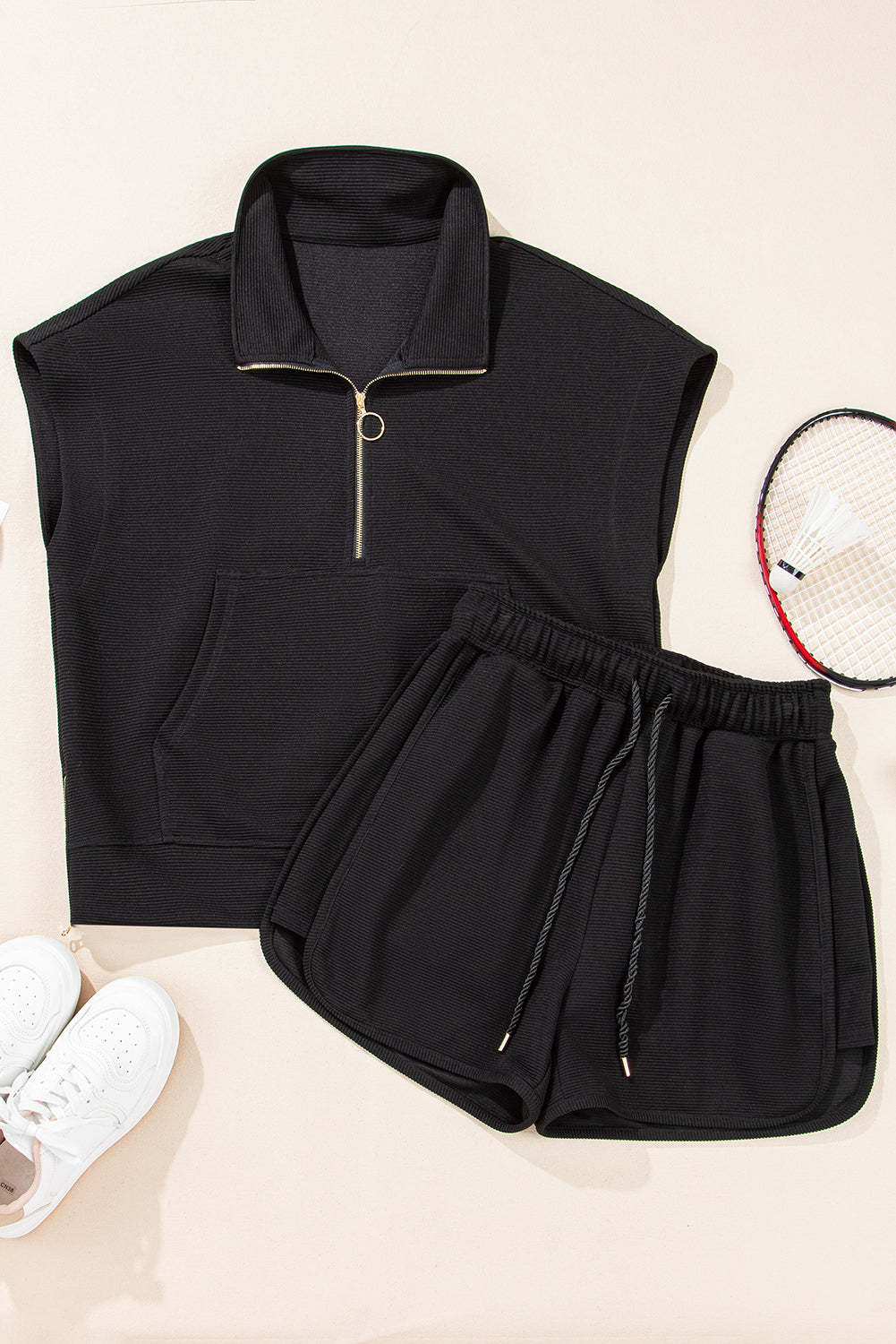 Textured Half-Zip Top & Drawstring Shorts Set